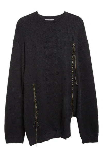 Yohji Yamamoto Asymmetric Embroidered Wool & Cotton Sweater In Black