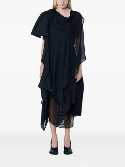 Yohji Yamamoto Asymmetric Layered-drape Midi Dress In Black