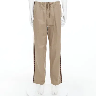 Pre-owned Yohji Yamamoto Beige Brown Ethnic Trim Drawstring Wide Pants Jp3 L
