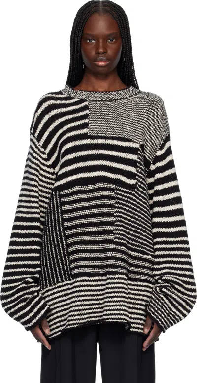 Yohji Yamamoto Black & Off-white 3g1p Border Round Neck Knit Sweater In Gray