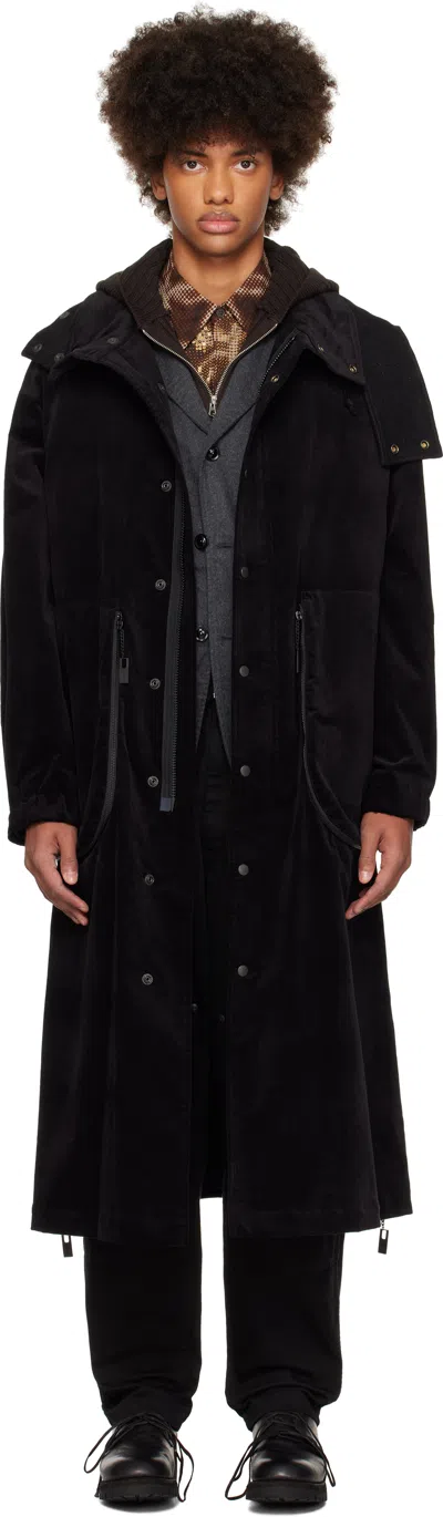 Yohji Yamamoto Black M-velvet Hooded Coat In 1 Black