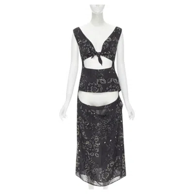 Pre-owned Yohji Yamamoto Black Pixelated Floral Paisley Cut Out Draped Front Midi Dress S