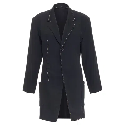 Yohji Yamamoto Black Wool Blend Handstitched Detail Long Blazer Coat