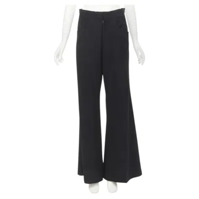 Pre-owned Yohji Yamamoto Black Wool Grosgrain Trim Waist High Waisted Wide Leg Pants Jp3 L