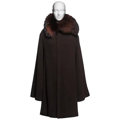Pre-owned Yohji Yamamoto Brown Tweed Coat With Fox Fur Collar & Elongated Sleeves, Fw 2000