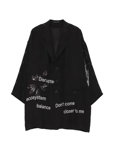Yohji Yamamoto Buttoned Patterned Silk Jacket In Black