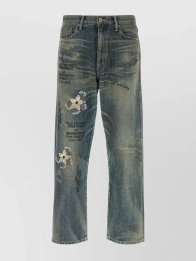 YOHJI YAMAMOTO DISTRESSED DENIM JEANS PRINTED DESIGN