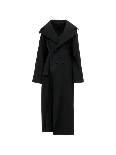 Yohji Yamamoto Double-breasted Layered-detail Coat In Black
