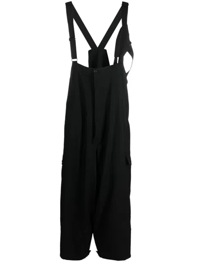 Yohji Yamamoto Drop-crotch Wool Suspender Trousers In Schwarz