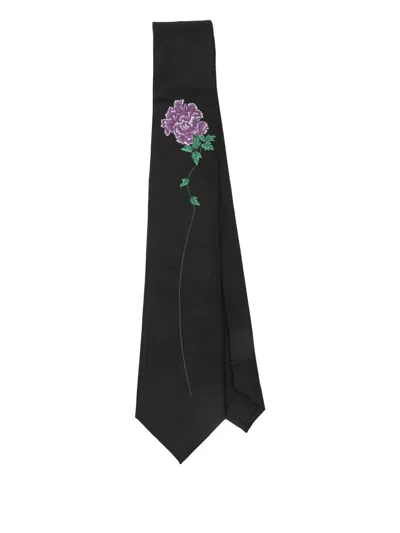 Yohji Yamamoto Floral-embroidered Silk Tie In Black