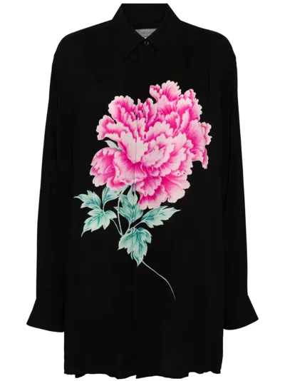 Yohji Yamamoto Floral-print Long-sleeve Shirt In Black