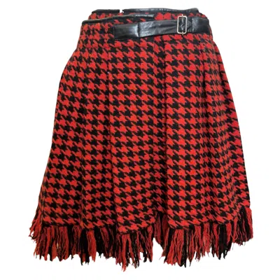 Pre-owned Yohji Yamamoto F/w 2003 Red And Black Houndstooth Fringed Wrap Skirt With Lambskin Waistband