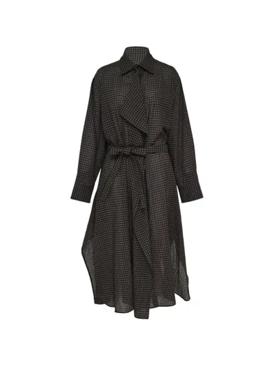 Yohji Yamamoto Gingham Belted Shirt Maxi Dress In Black