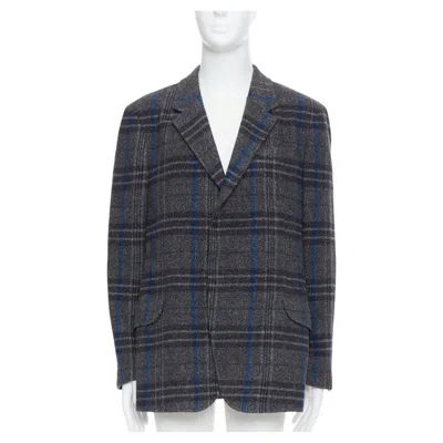 Pre-owned Yohji Yamamoto Grey Blue 100% Wool Checked Boxy Jacket Coat Jp3 L In Gray