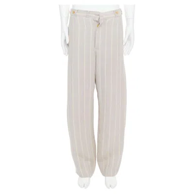 Pre-owned Yohji Yamamoto Grey Yellow Striped Rayon Linen Button Waist Wide Pants M