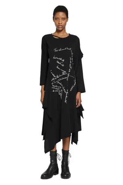 Yohji Yamamoto Handwriting-print Asymmetric-hem Dress In Black