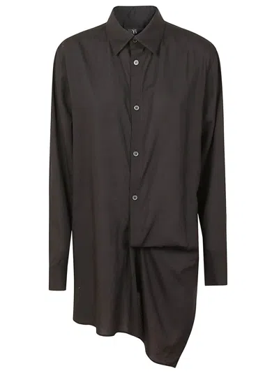Yohji Yamamoto Hem Black Shirt With Classic Collar In Brown