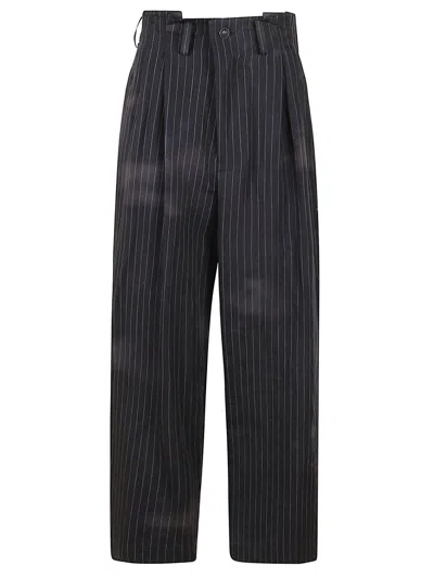 Yohji Yamamoto High-waisted Linen Trousers With Vertical Pinstripes In Black