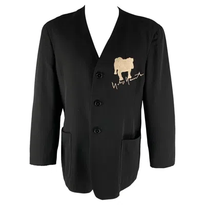 Pre-owned Yohji Yamamoto Homme Size S Ss90 Black Dog Embroidery Wool Collarless Jacket
