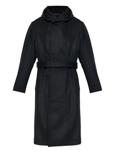 Yohji Yamamoto Hooded Belted Wool Coat In Black