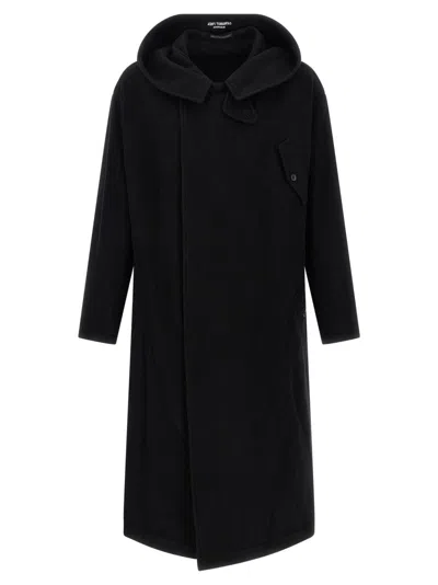 Yohji Yamamoto Hooded Wool Coat With Snap Button Closure In Black