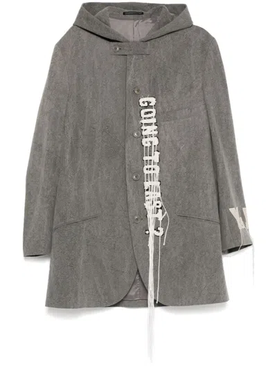 Yohji Yamamoto Logo-print Wool Hooded Jacket In Grey