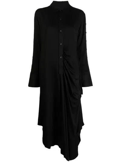 Yohji Yamamoto Long-sleeve Draped Midi Shirt Dress In Black