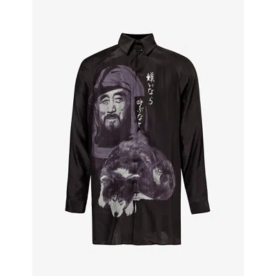 Yohji Yamamoto Mens Black Graphic-print Relaxed Fit Silk Shirt