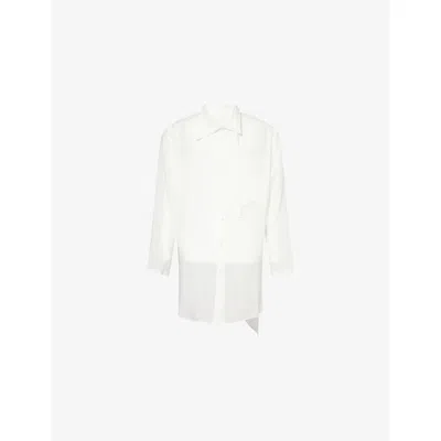 Yohji Yamamoto Mens Off White Asymmetric Double-layer-collar Patch-pocket Woven Shirt
