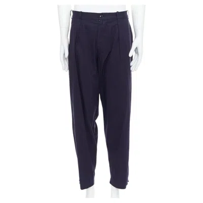 Pre-owned Yohji Yamamoto Navy 100% Cotton Pleated Front Tapered Pants Jp4 Xl In Blue