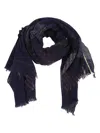 Yohji Yamamoto Navy Patterned Wool Blend Stole With Fringed Edges In Blue