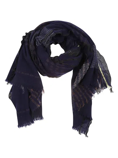 Yohji Yamamoto Navy Patterned Wool Blend Stole With Fringed Edges In Blue