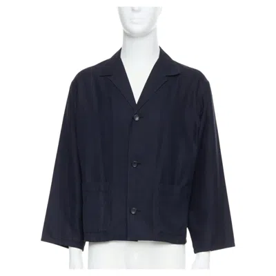 Pre-owned Yohji Yamamoto Navy Soft Fabric Stripe Lightweight Cropped Blazer S In Blue