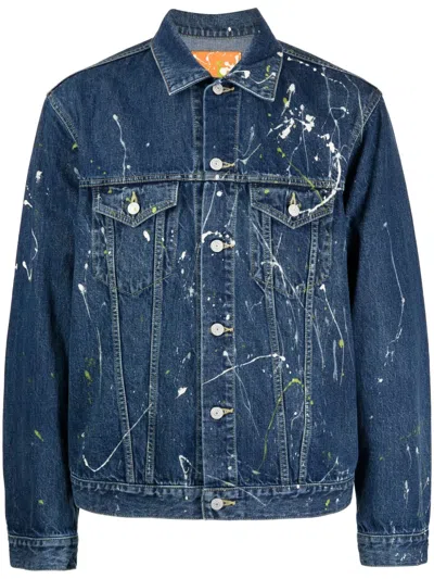 Yohji Yamamoto Stain Splatter Buttoned Jacket In Blue