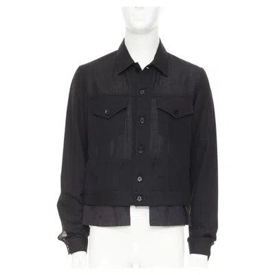 Pre-owned Yohji Yamamoto Pour Homme Black Wool Linen Layered Cropped Trucker Jacket Jp4 Xl