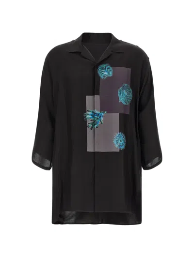 Yohji Yamamoto Button Shoulder Sea Creature Graphic Silk Button-up Shirt In Black