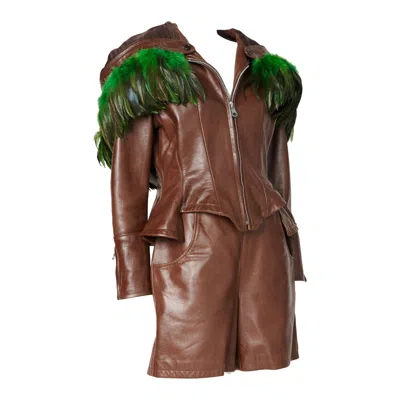 Pre-owned Yohji Yamamoto Rare  Runway Leather & Feathers Shorts Suit Ensemble, Fw 1991-1992 In Brown
