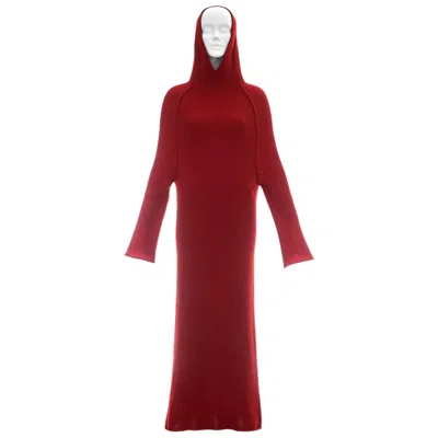Pre-owned Yohji Yamamoto Red Knitted Wool-cotton Sweater Dress With Hood, Fw 2009