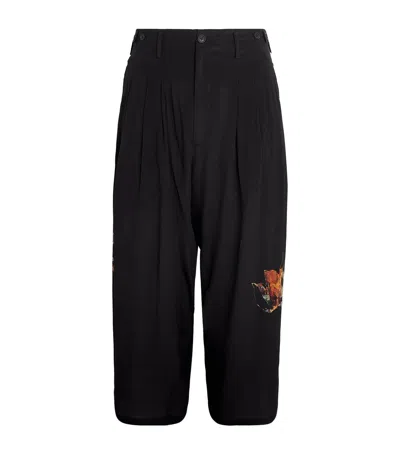 Yohji Yamamoto Silk Floral Print Pleated Trousers In Black