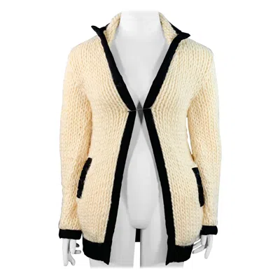 Pre-owned Yohji Yamamoto Size L Cream Black Wool Contrast Trim Cardigan In White