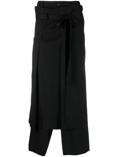Yohji Yamamoto Skirt-overlay Straight-leg Trousers In Black
