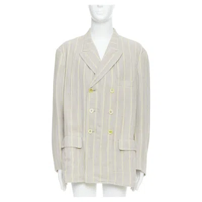 Pre-owned Yohji Yamamoto Stone Grey Cream Striped Rayon Linen Double Breasted Blazer M In White