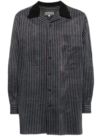 Yohji Yamamoto Striped Open-collar Shirt In Black