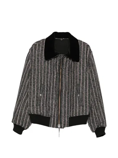 Yohji Yamamoto Three Blend Stripe-pattern Flight Jacket In Gray