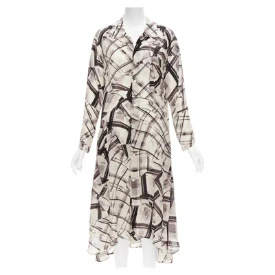 Pre-owned Yohji Yamamoto Y's Abstract Checked Patchwork Printed Draped Shirt Dress Jp1 S In Gray