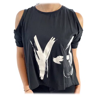 Pre-owned Yohji Yamamoto Y-3 Spring 2003 By  Black Cold Shoulder Logo Vintage T - Shirt Y2k