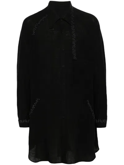 Yohji Yamamoto Zigzag-embroidery Linen Shirt In Black