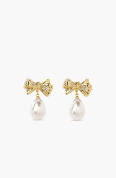 Yoj Bow Pearl Earrings Drop Earrings In Gold, Crystals & Pearls