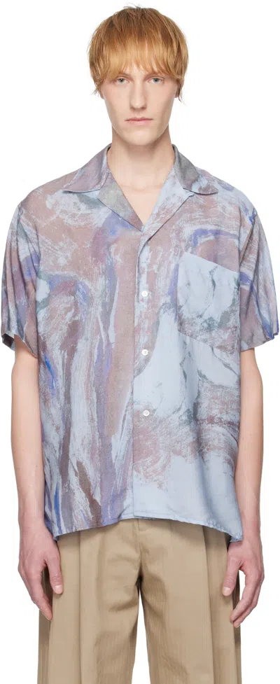 Yoke Blue Flower Printed Open Collar Shirt