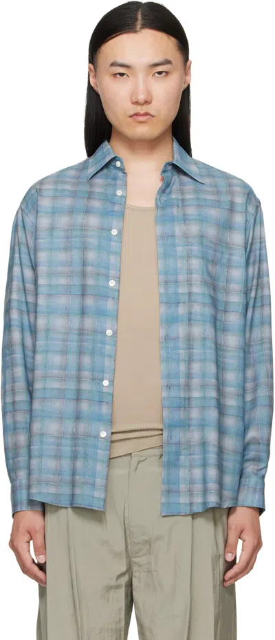 Yoke Blue Printed Plaid Cotton Lawn Shirt